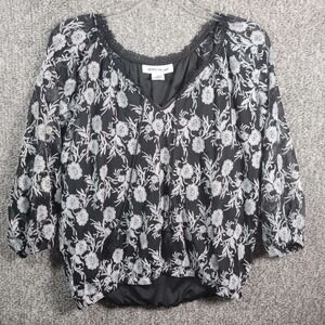 Skye's the Limits - Floral Top V‎ Neck 3/4 Sleeve Black White - Womens Medium